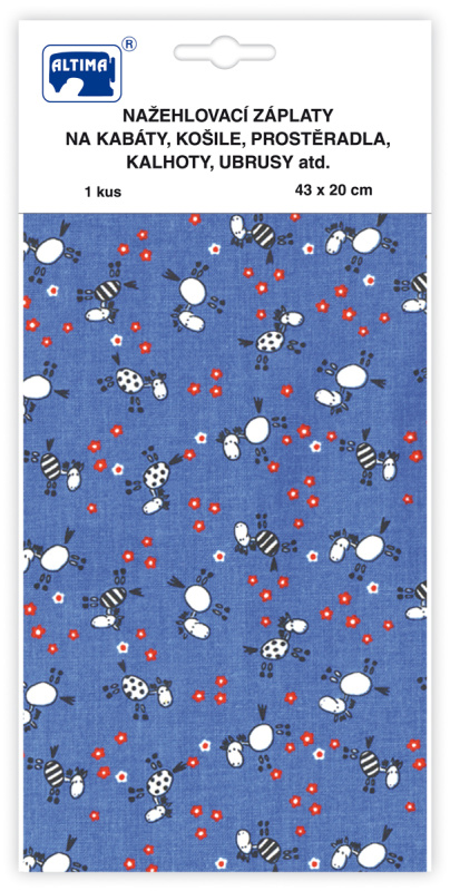 Nažehlovací záplaty s potiskem velké - koníci na modrém podkladu - visačka